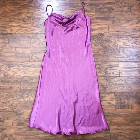 bebe • Satin Cowl Neck Slip Midi Dress Berry pink purple bias cut draped - Picture 3 of 11